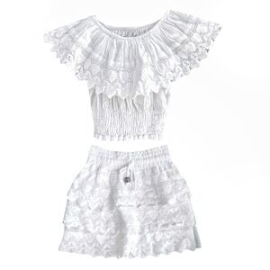 Sea Spice Girls White Lace Eyelet 2 Piece Boho Ruffle Top Skirt Summer Outfit 6